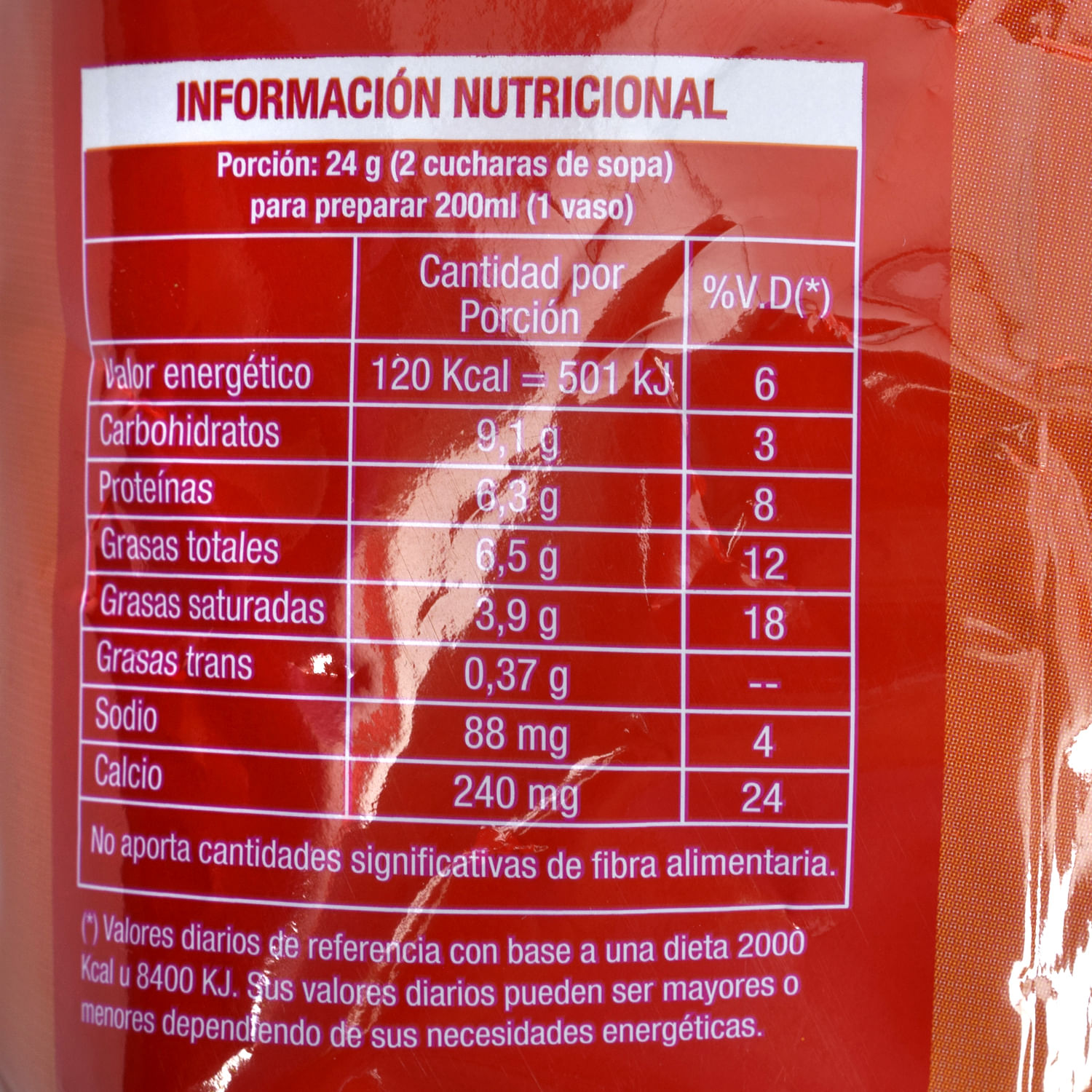 Leche en polvo entera - Información nutricional