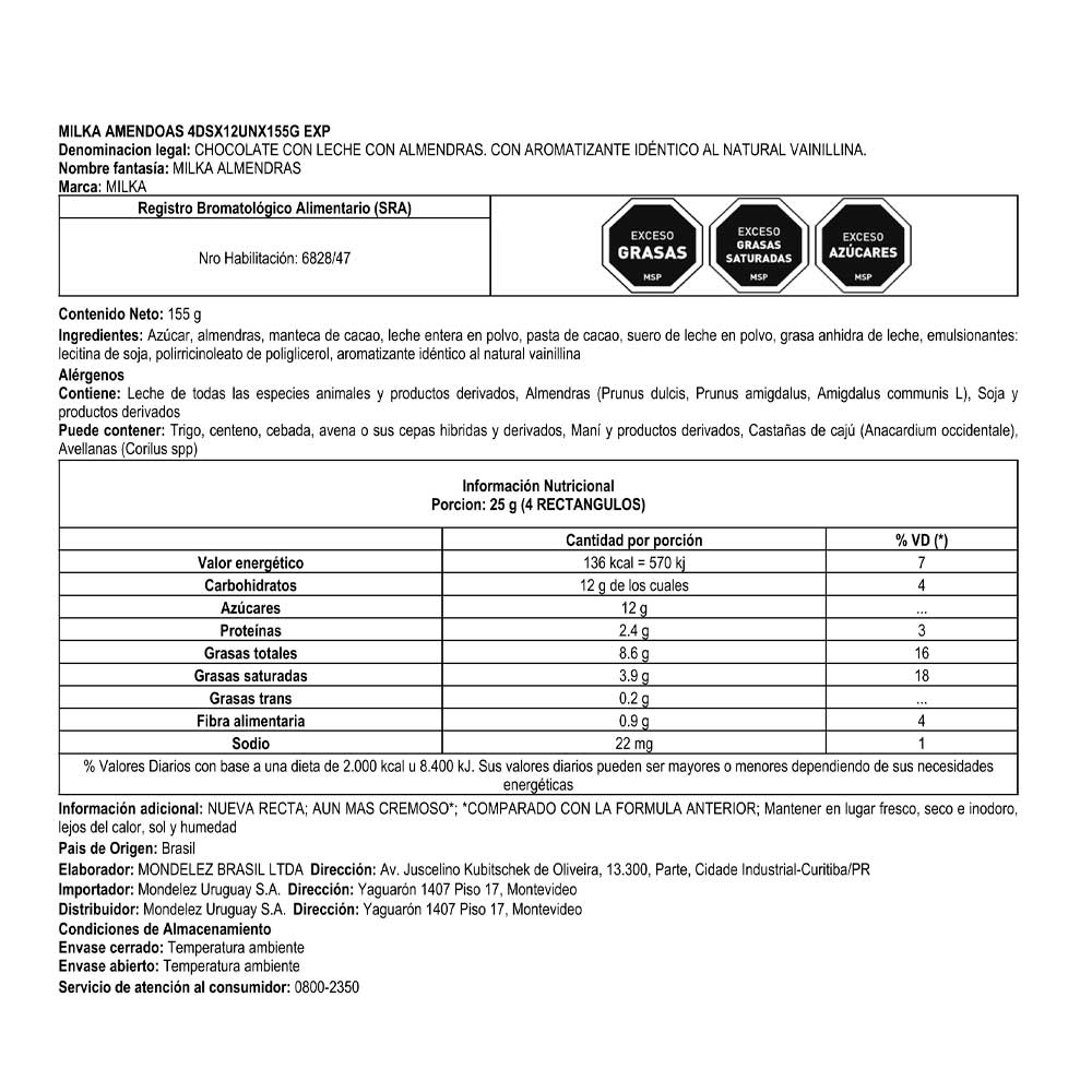 Chocolate Milka con almendras 155 Gr