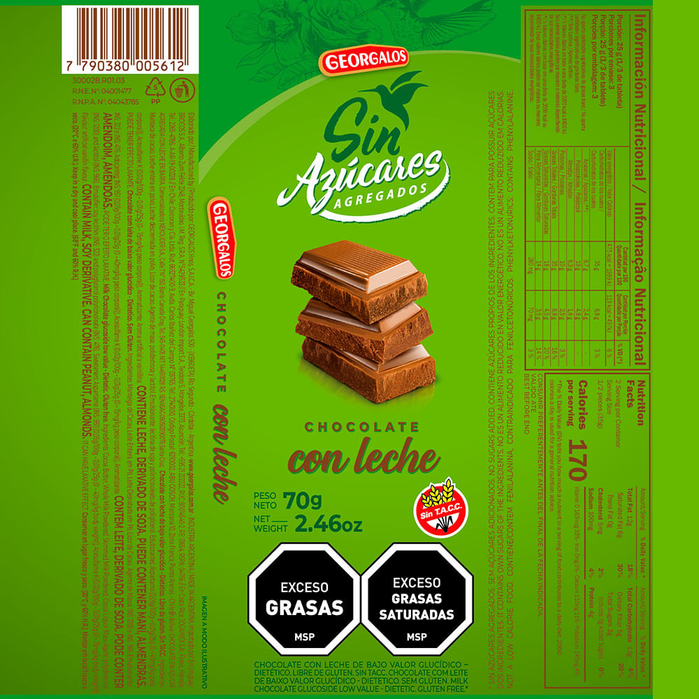 Chocolate Con Leche Sin Azúcar Georgalos 70 G 