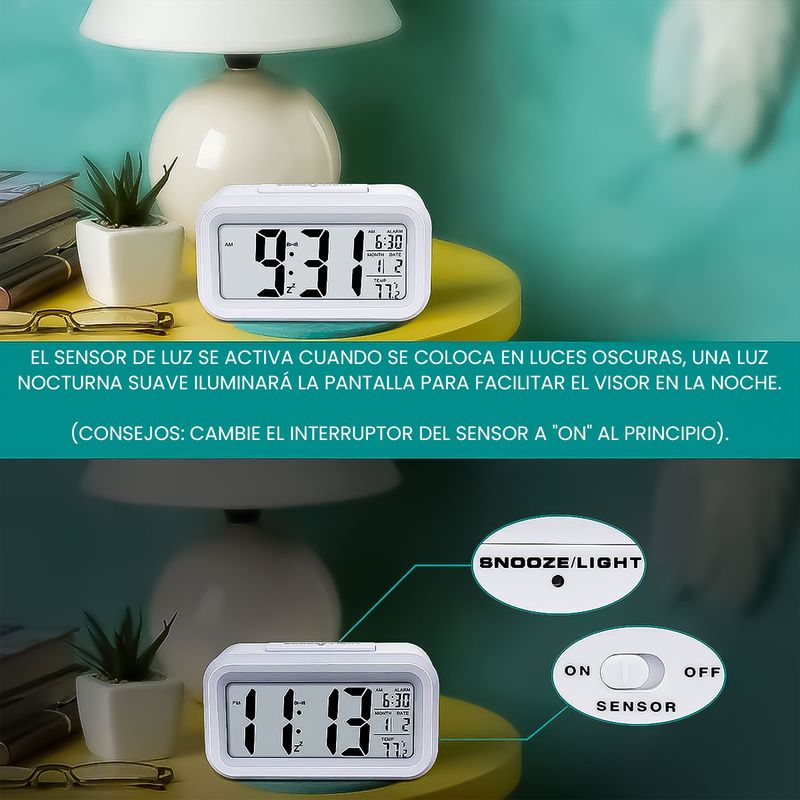 Reloj digital despertador alarma de escritorio luz LED fecha temperatu